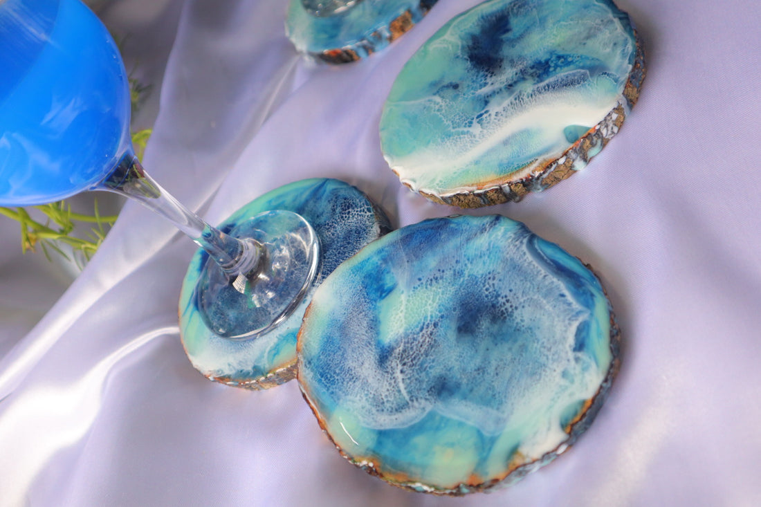 Set of 4 Wooden Coasters with Ocean Themed Resin Art