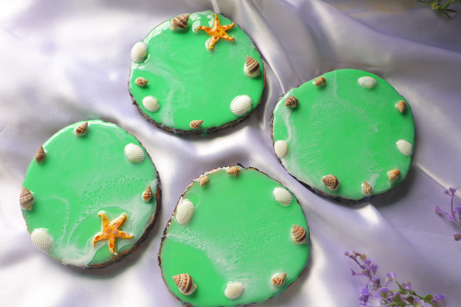 Green Waves Wooden Coasters with Resin Art & Sea Shells & Star Fishes | Set of 4