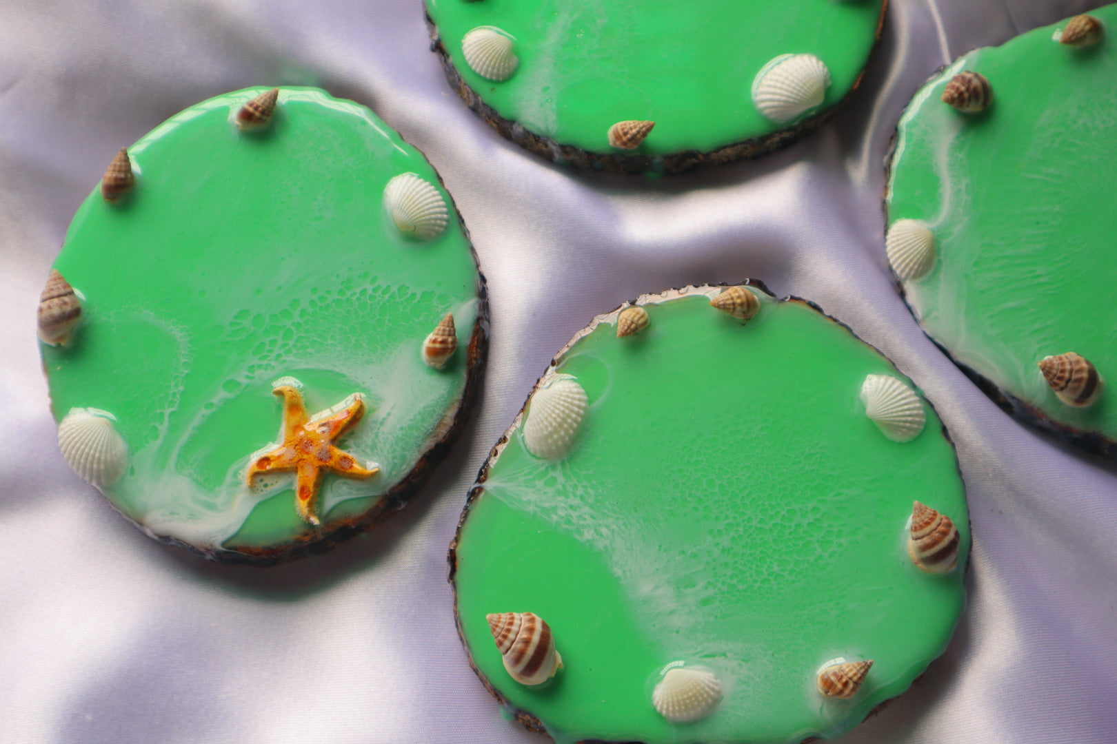 Green Waves Wooden Coasters with Resin Art & Sea Shells & Star Fishes | Set of 4