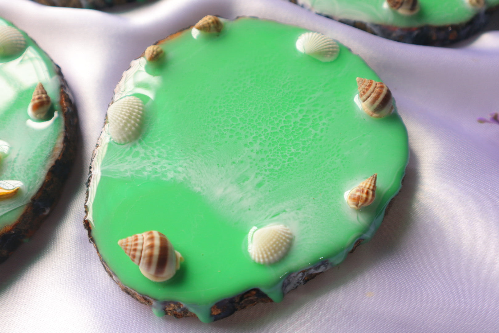Green Waves Wooden Coasters with Resin Art & Sea Shells & Star Fishes | Set of 4