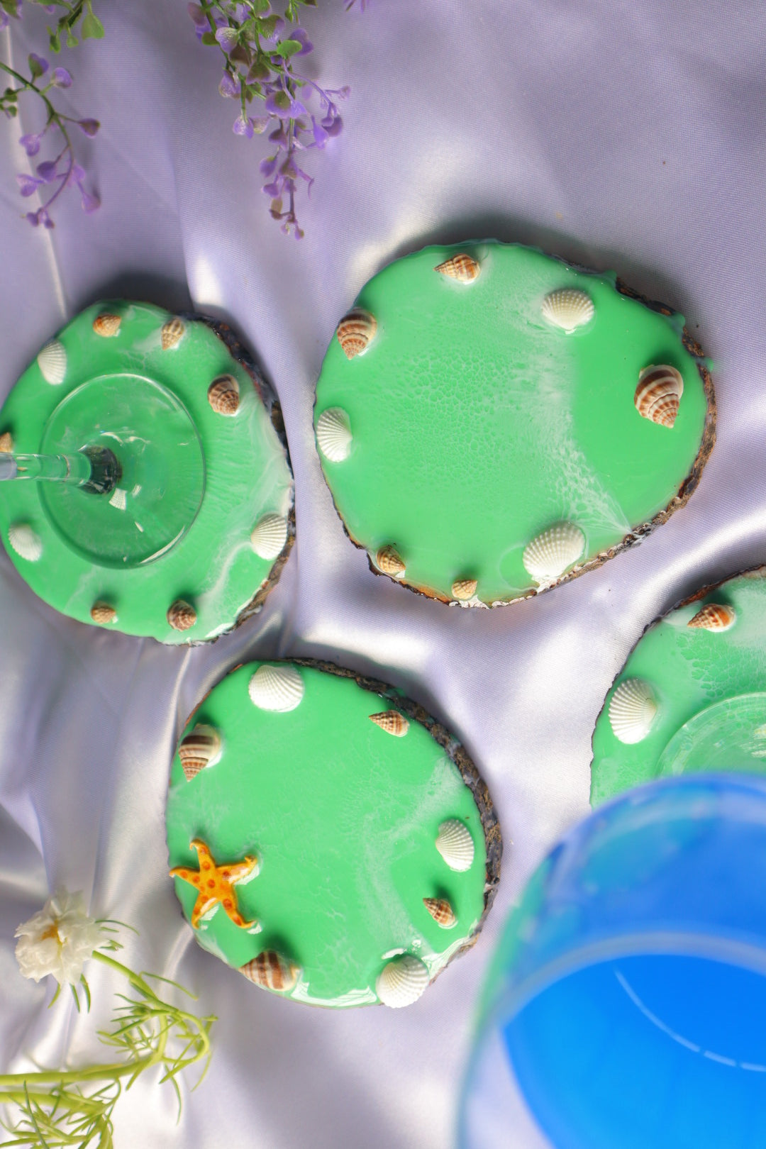 Green Waves Wooden Coasters with Resin Art & Sea Shells & Star Fishes | Set of 4