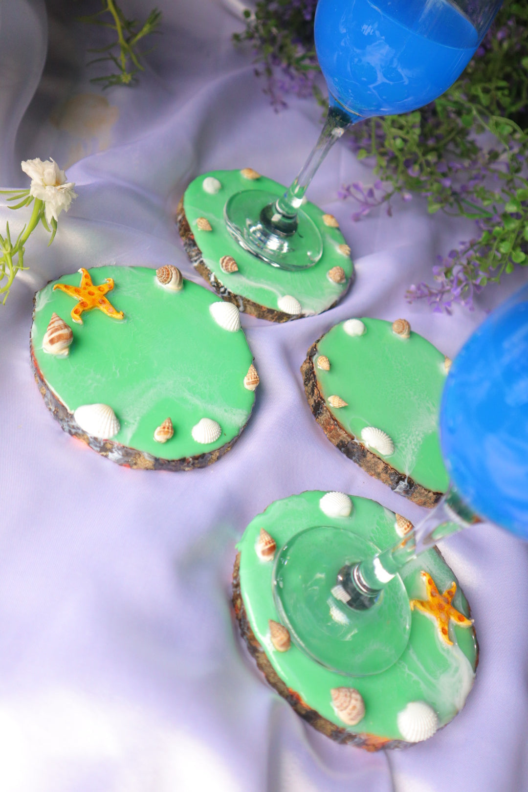 Green Waves Wooden Coasters with Resin Art & Sea Shells & Star Fishes | Set of 4