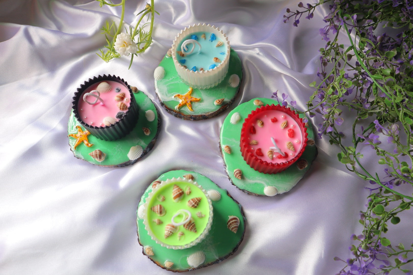 Green Waves Wooden Coasters with Resin Art & Sea Shells & Star Fishes | Set of 4