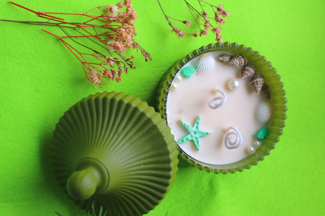 4.5 Inches Diameter | Handmade Scented Candle | Pearl and Shell Decor in GreenCrockery