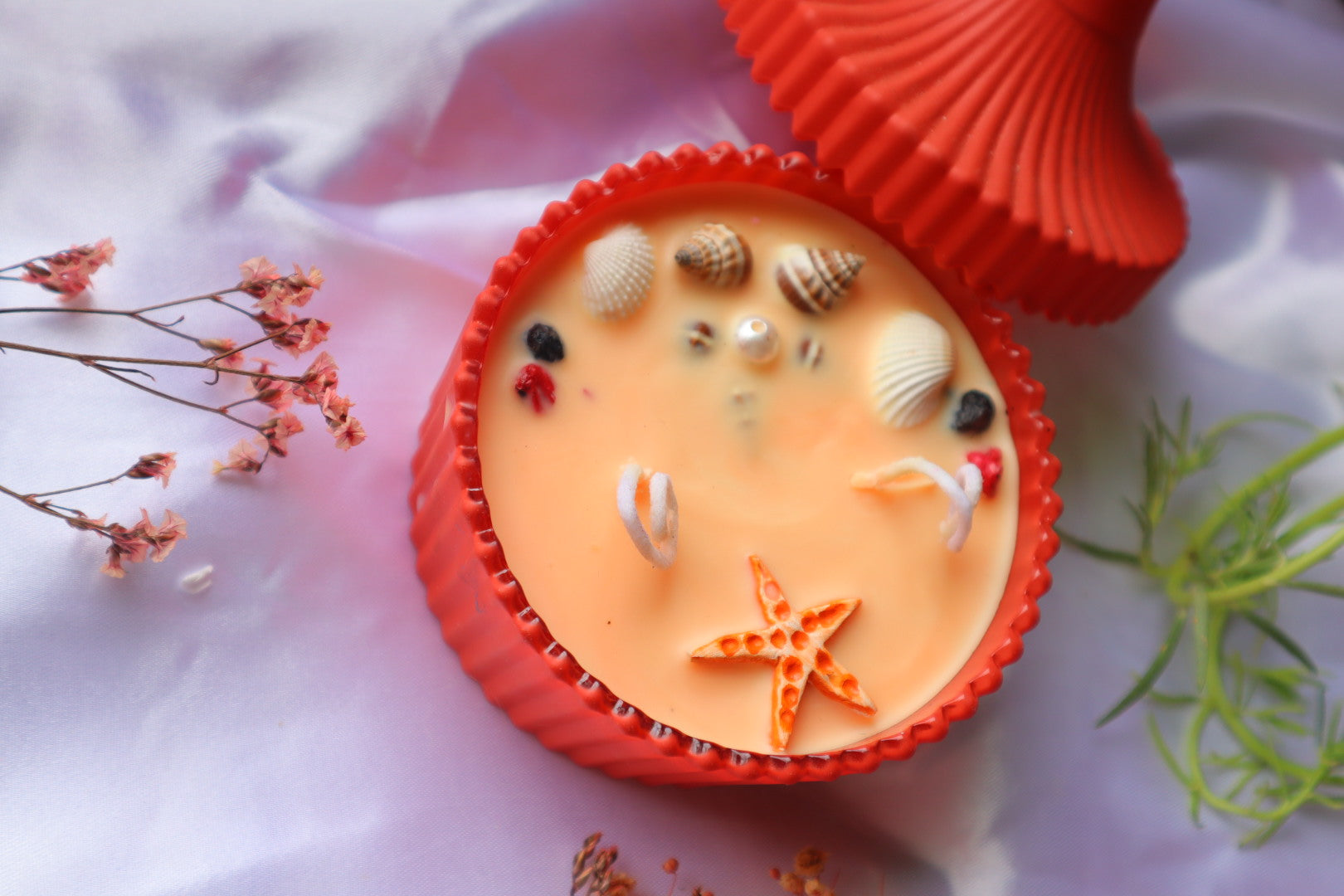4.5 Inches Diameter | Handmade Scented Candle | Pearl and Shell Decor in Orange Crockery