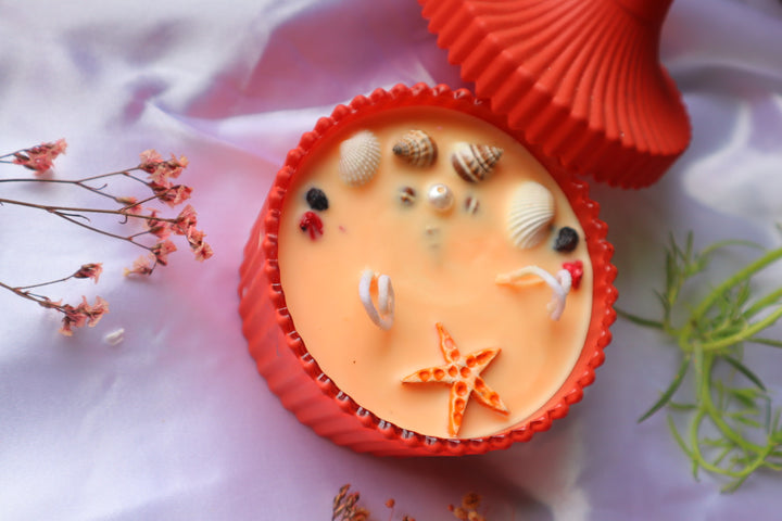 4.5 Inches Diameter | Handmade Scented Candle | Pearl and Shell Decor in Orange Crockery