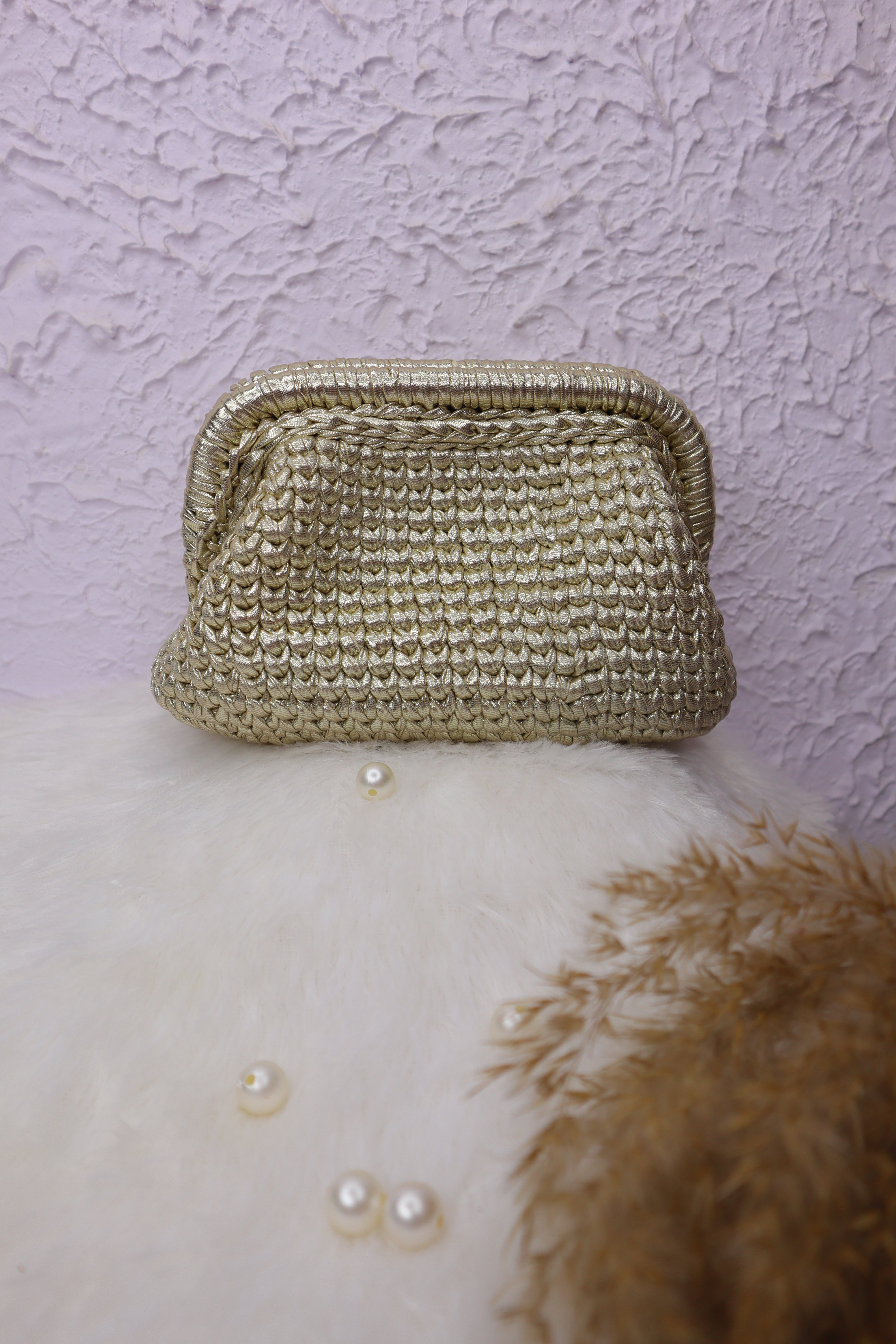 Light Golden Metallic Crochet Clutch
