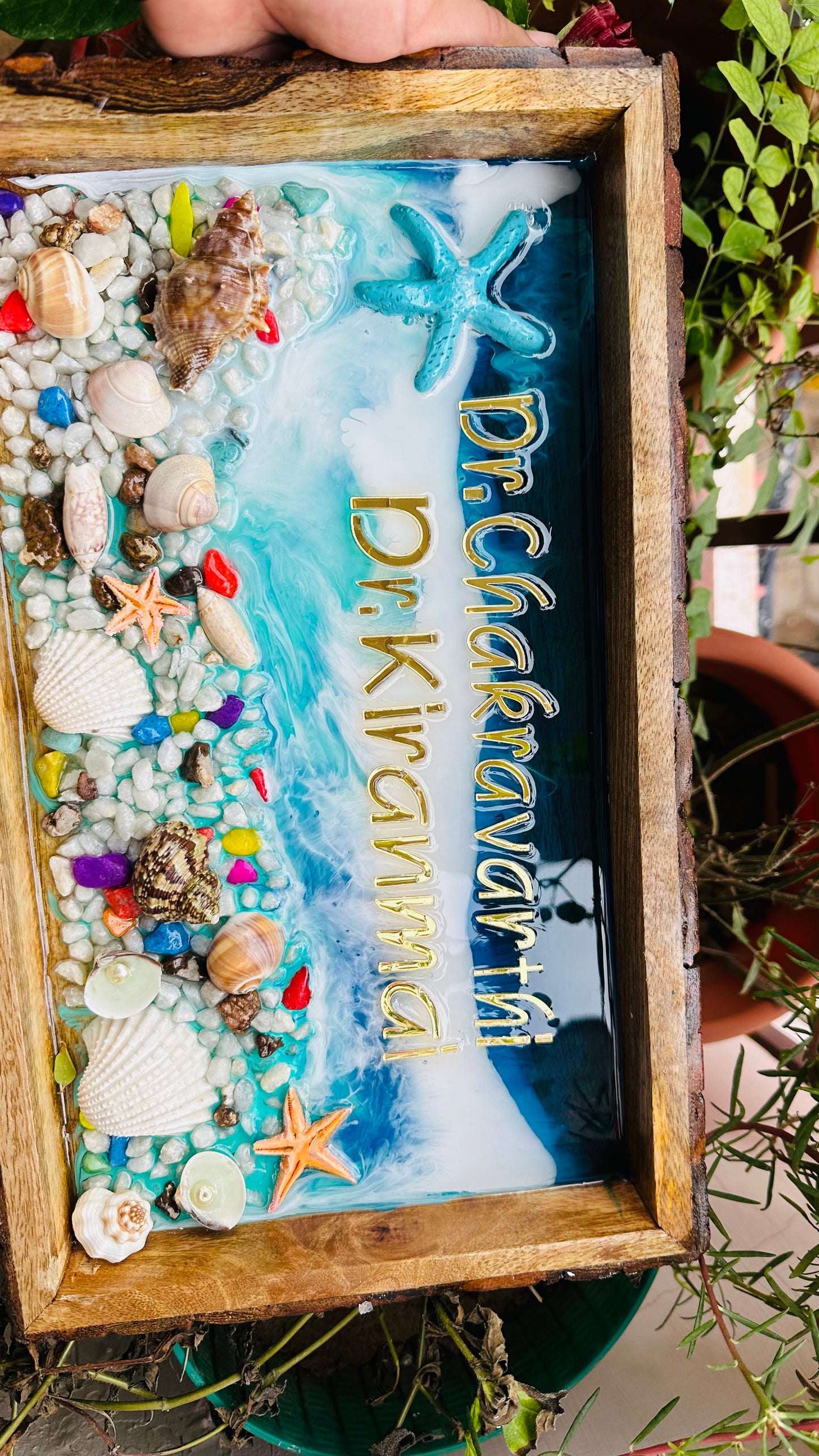 Rocky Beach Resin Name Plates | Ocean Themed House Name Plates on Wooden Tray