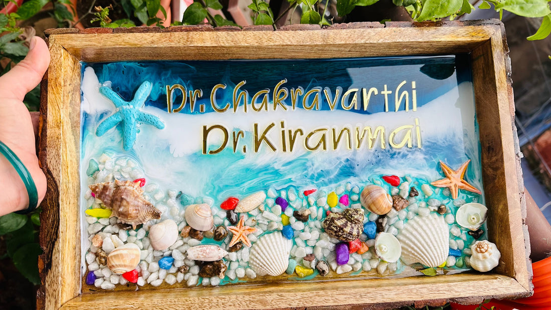 Rocky Beach Resin Name Plates | Ocean Themed House Name Plates on Wooden Tray