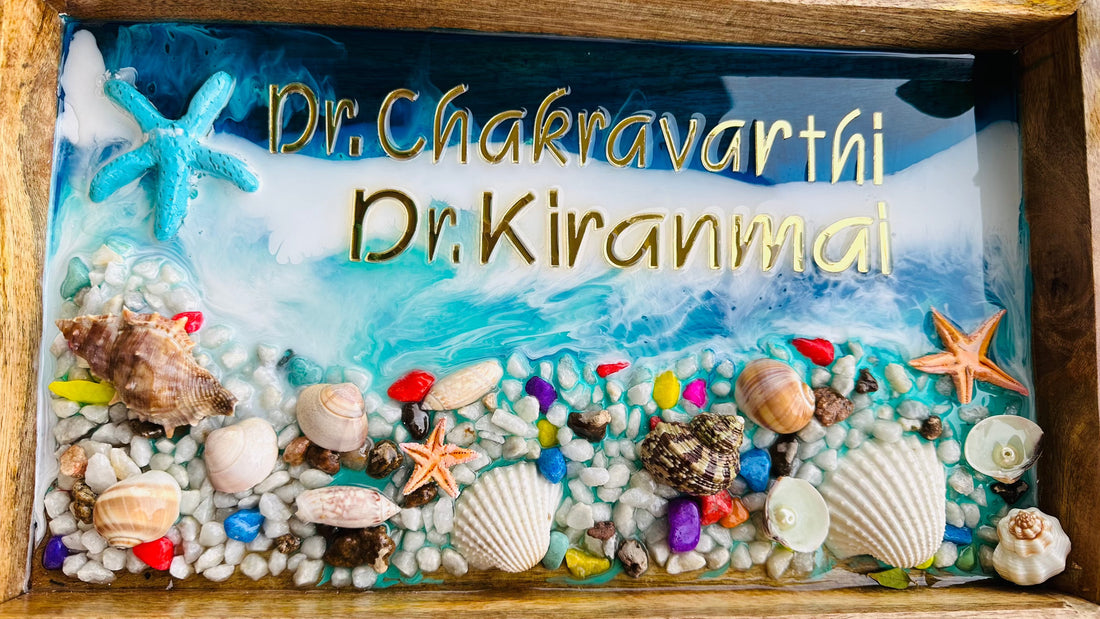 Rocky Beach Resin Name Plates | Ocean Themed House Name Plates on Wooden Tray