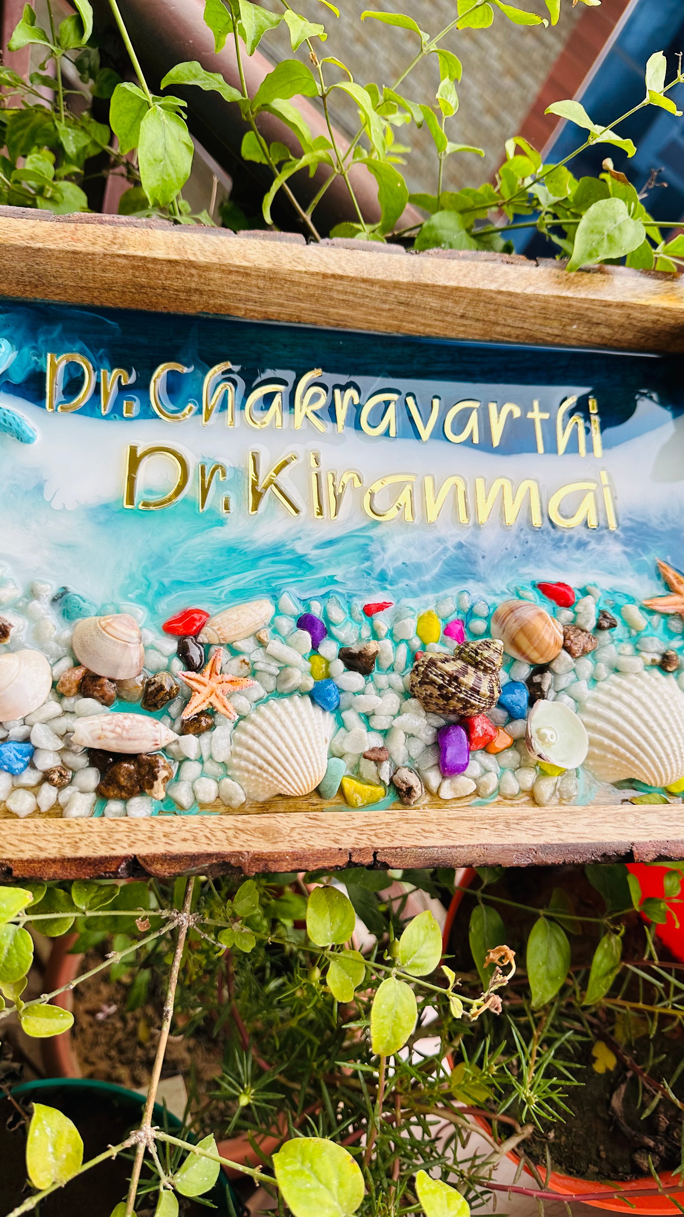 Rocky Beach Resin Name Plates | Ocean Themed House Name Plates on Wooden Tray