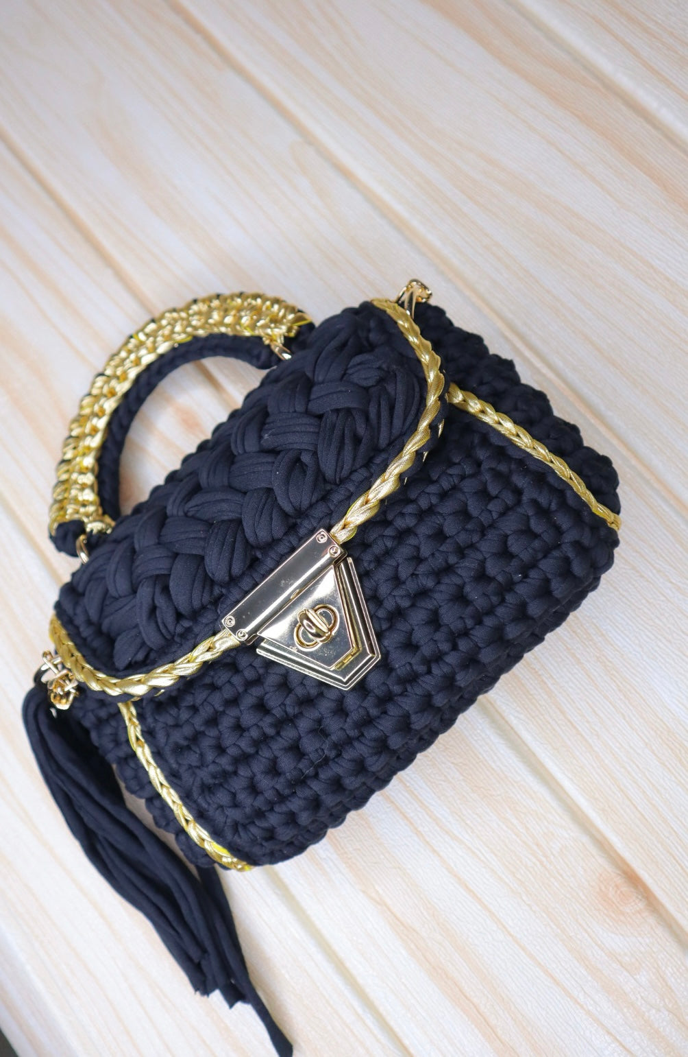 Magical Black With Gold Accents Handcrafted Crotchet Bag