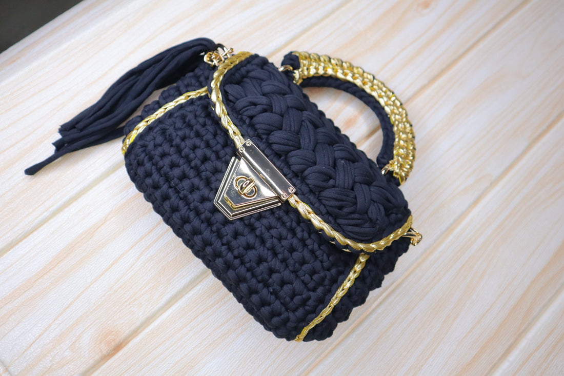 Magical Black With Gold Accents Handcrafted Crotchet Bag