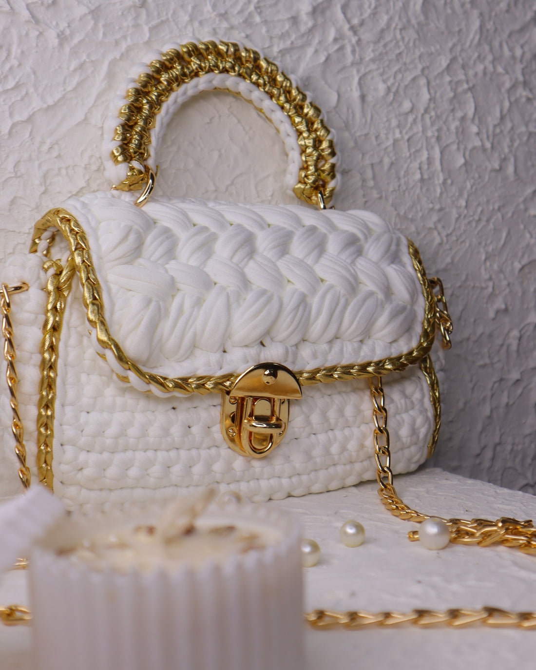 Elegant White and Gold Handcrafted Crochet Bag