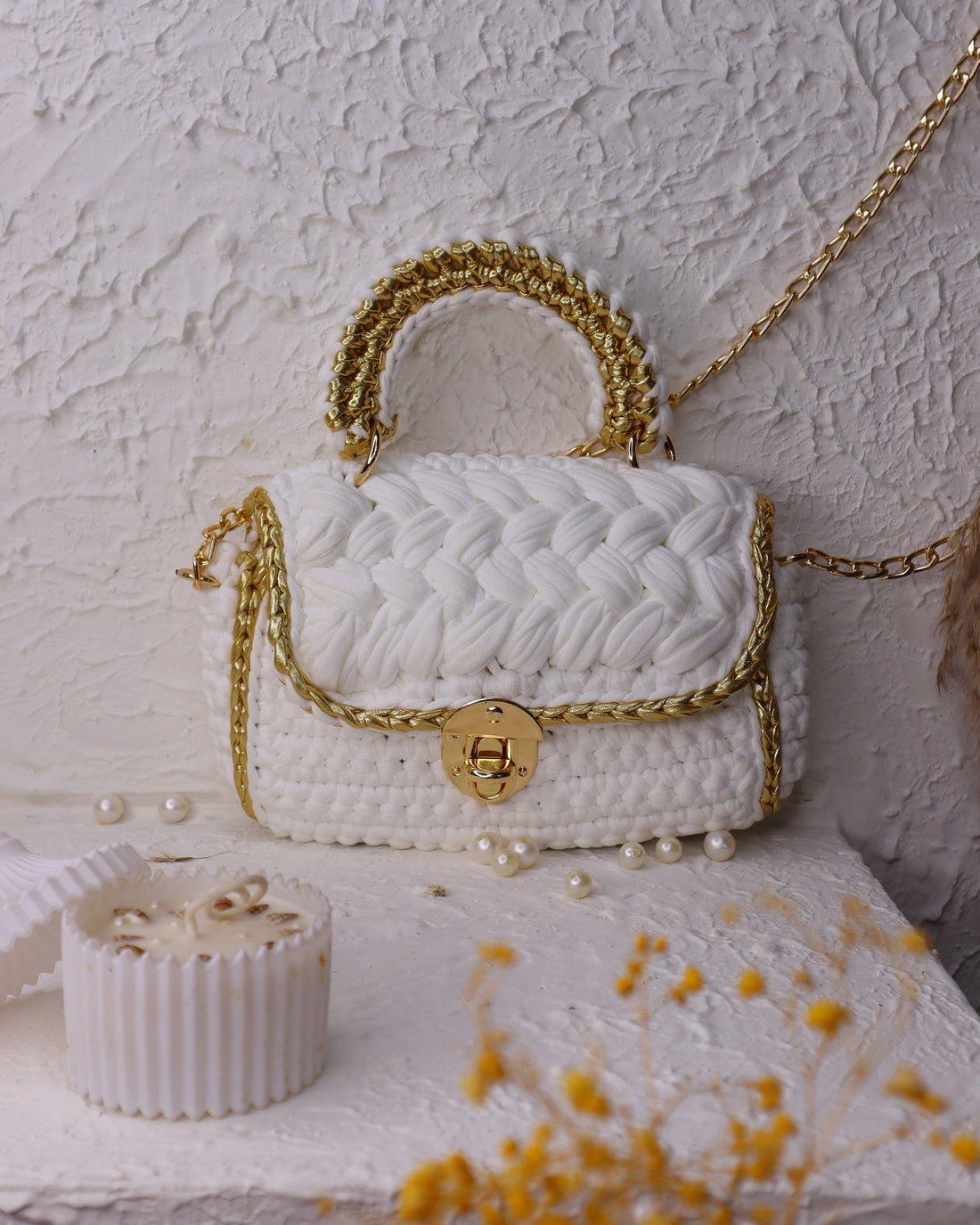 Elegant White and Gold Handcrafted Crochet Bag