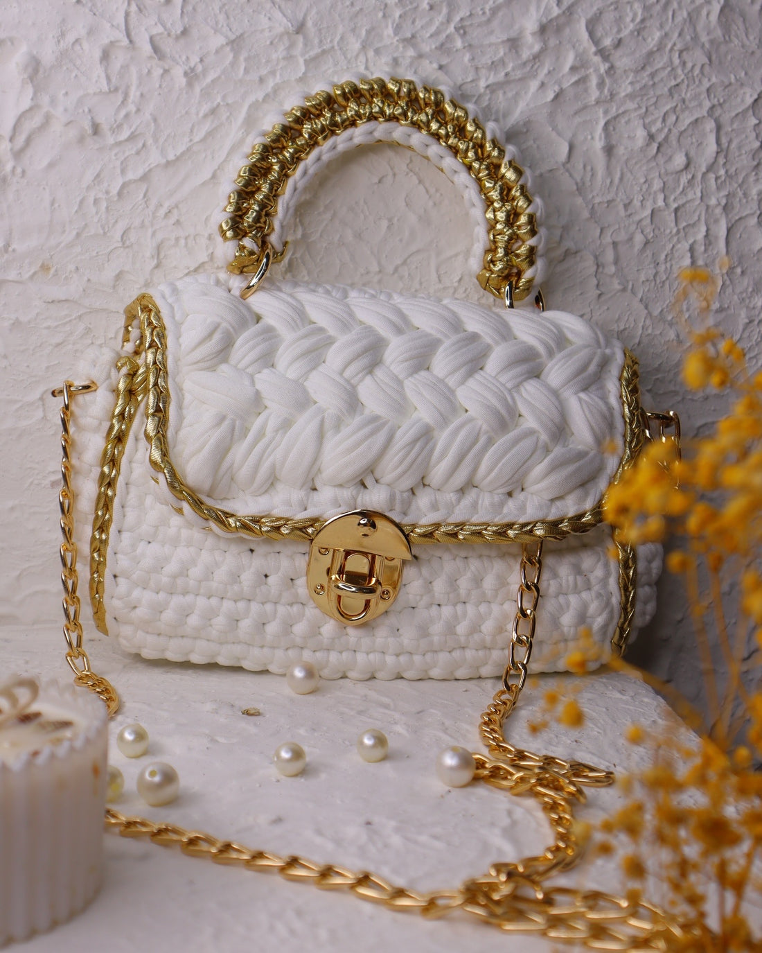 Elegant White and Gold Handcrafted Crochet Bag