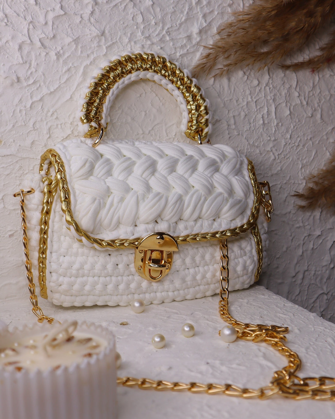 Elegant White and Gold Handcrafted Crochet Bag