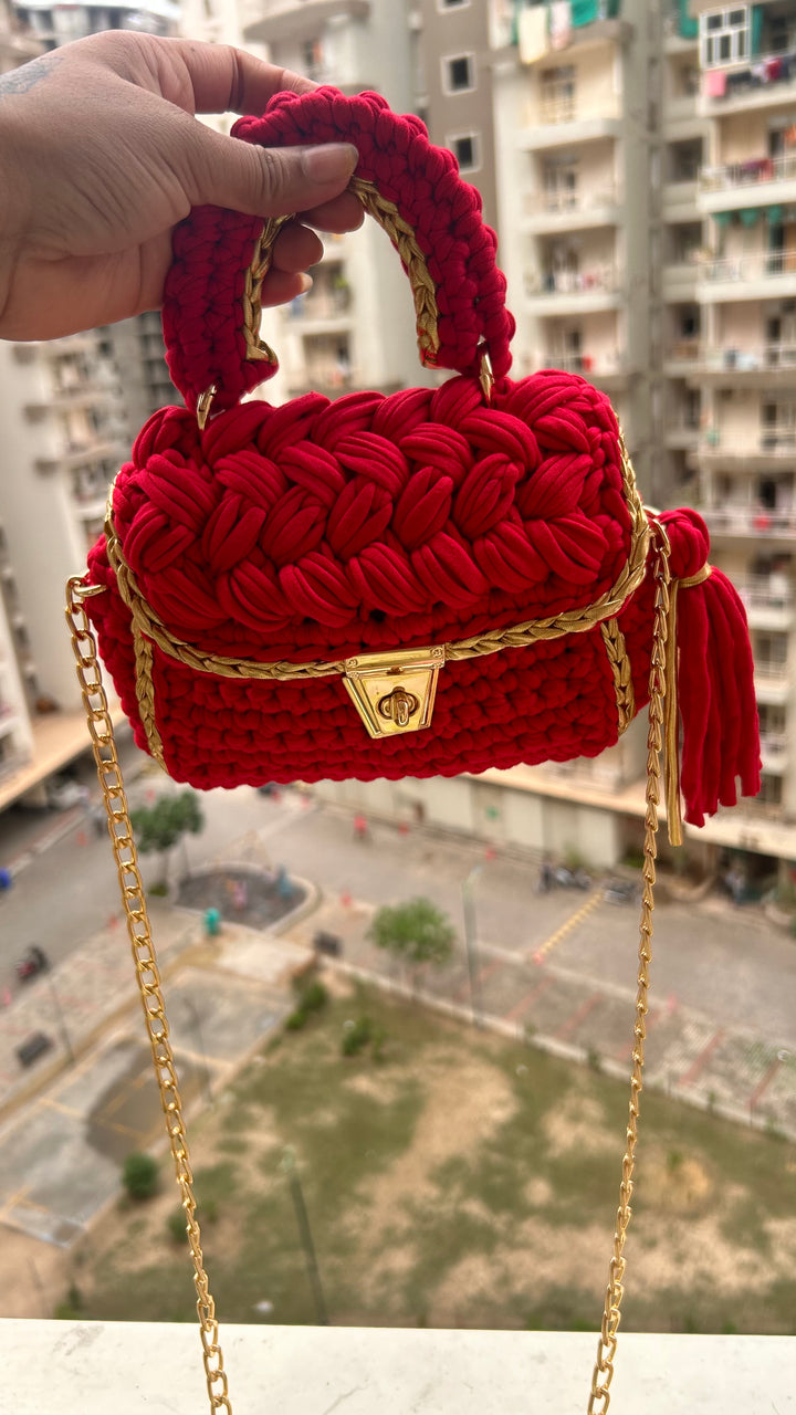 Luxurious Red and Gold Handcrafted Crochet Bag