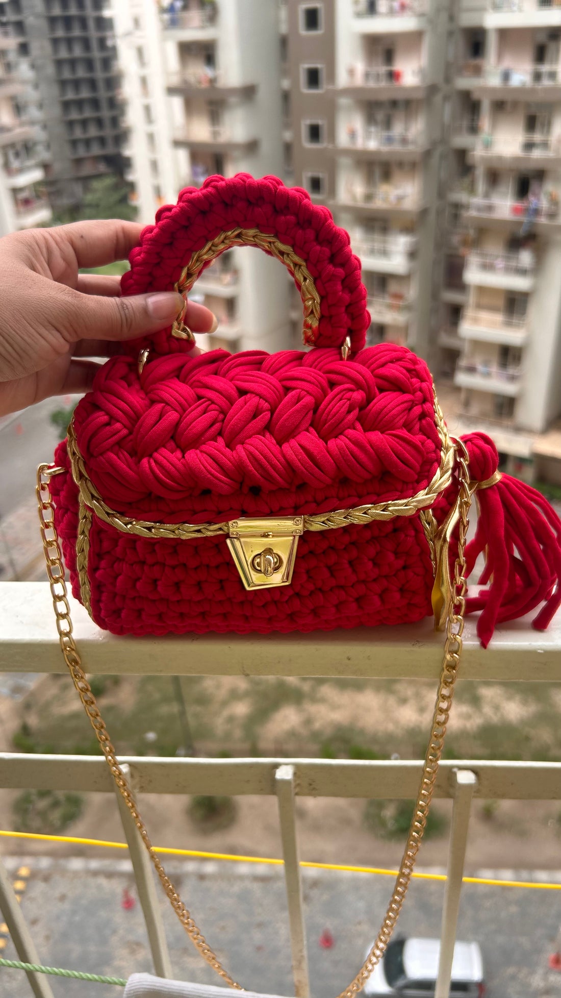 Luxurious Red and Gold Handcrafted Crochet Bag