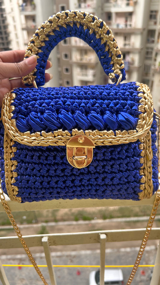 Opulent Blue and Gold Handcrafted Metallic Crochet Bag