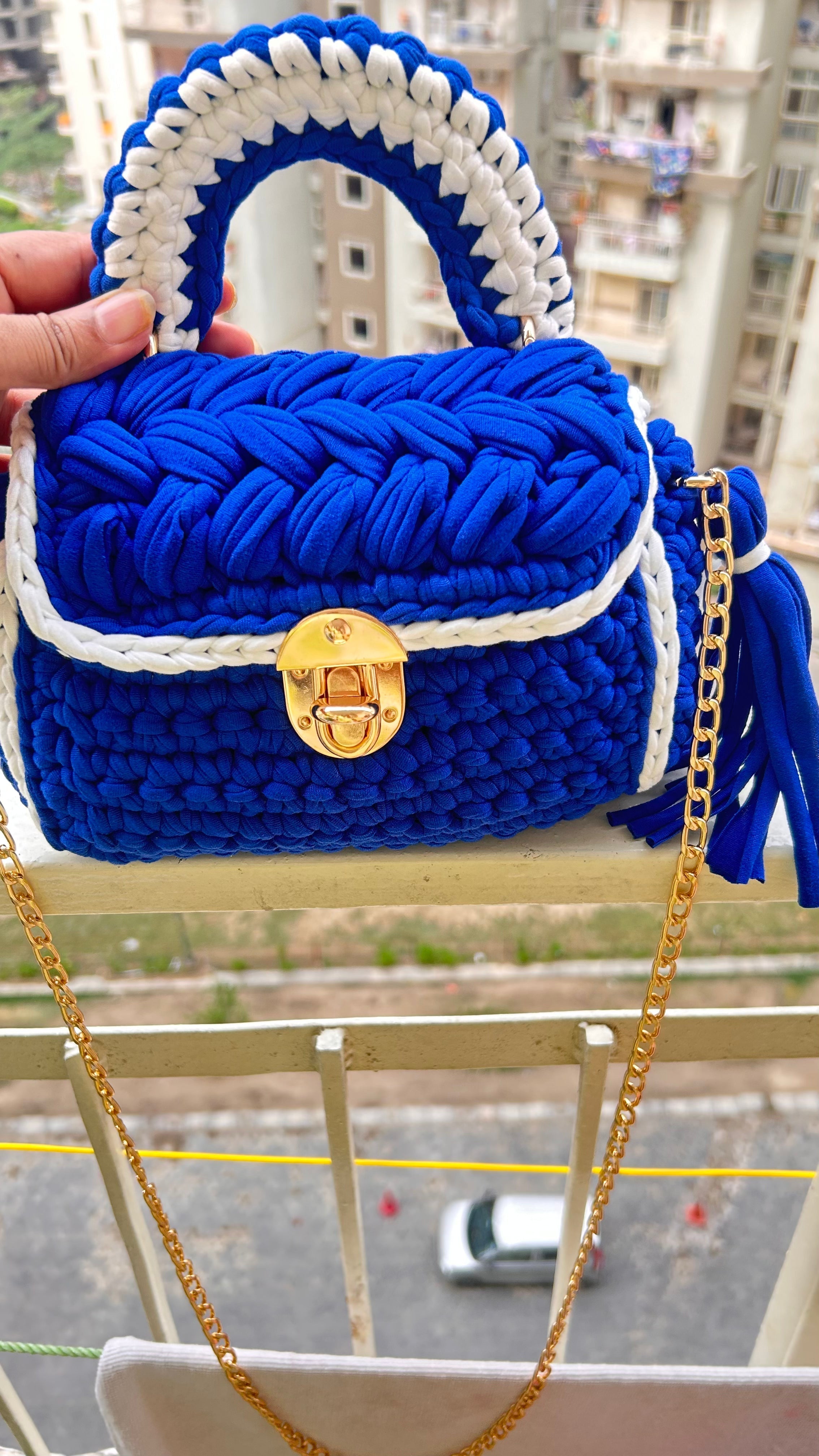 Elegant Blue and White Handcrafted Crochet Bag