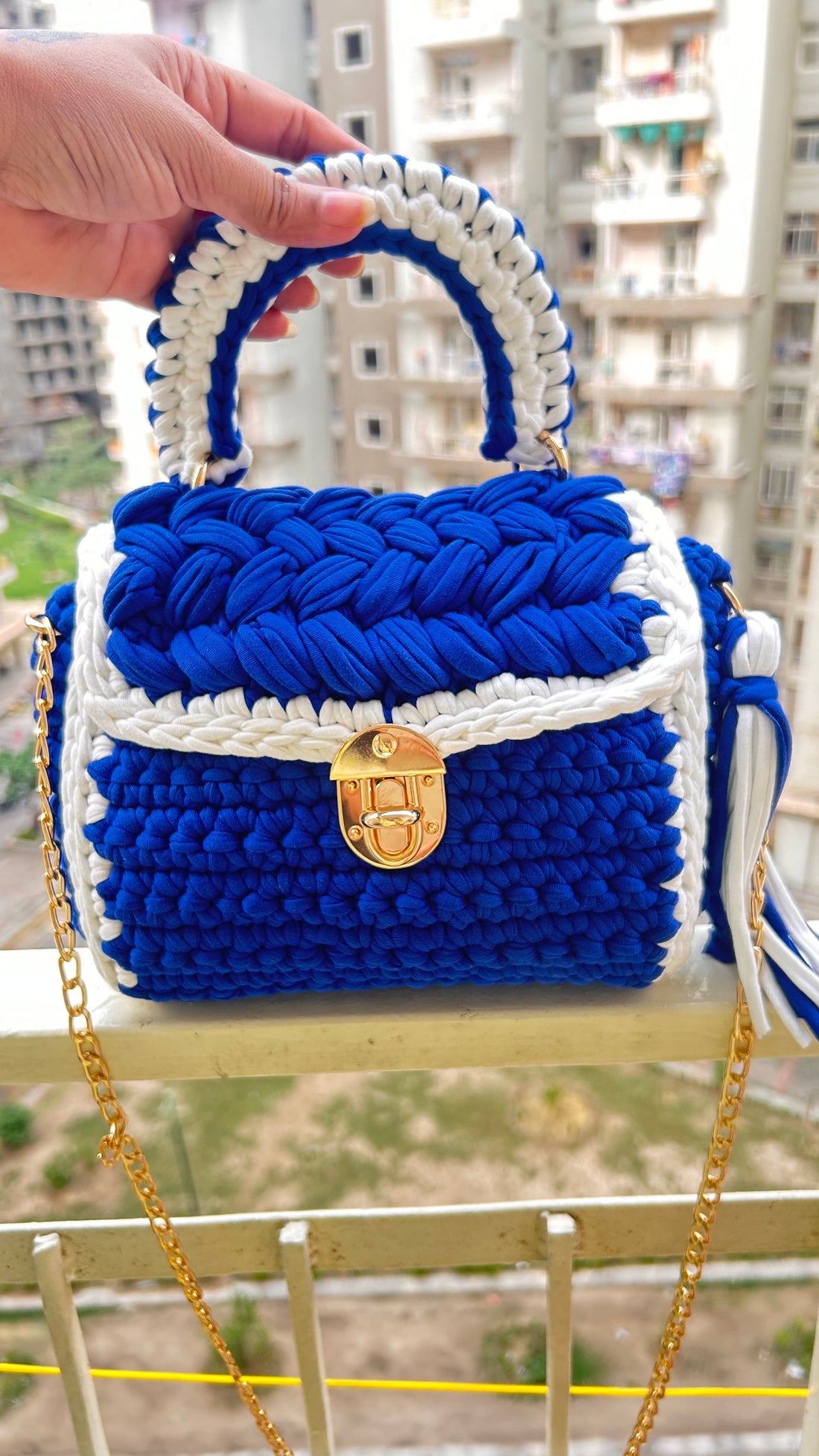 Elegant Blue and White Handcrafted Crochet Bag