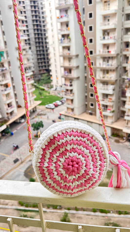 Circle White And Pink Handcrafted Crochet Bag