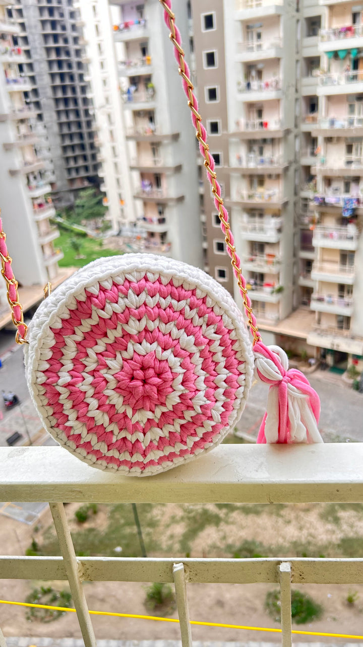 Circle White And Pink Handcrafted Crochet Bag