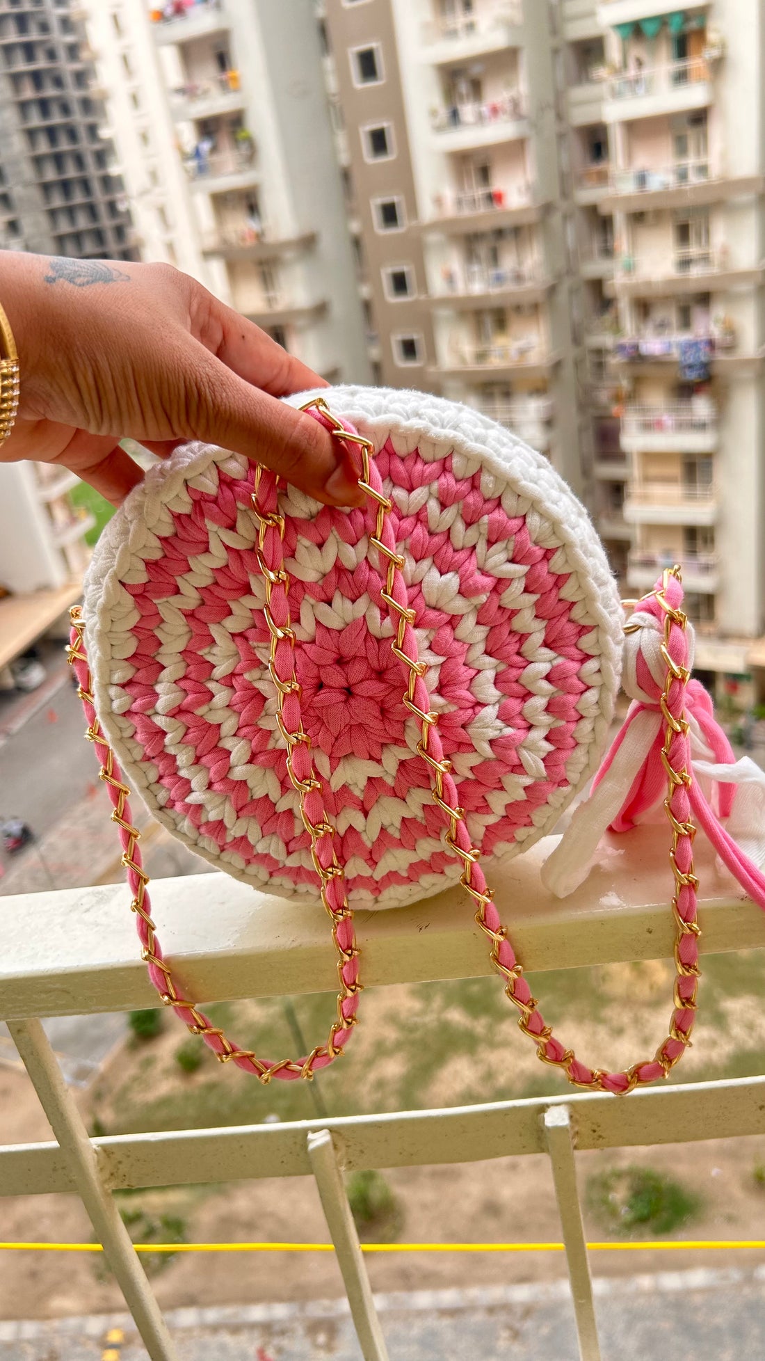 Circle White And Pink Handcrafted Crochet Bag