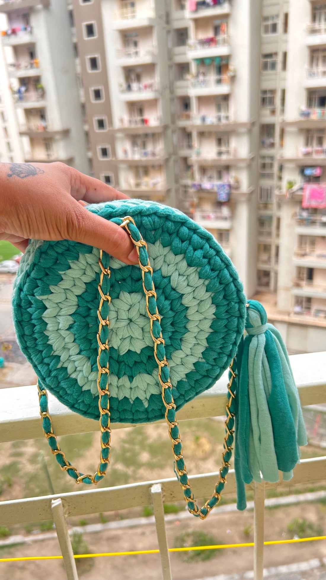 Handmade Green circle crochet bag