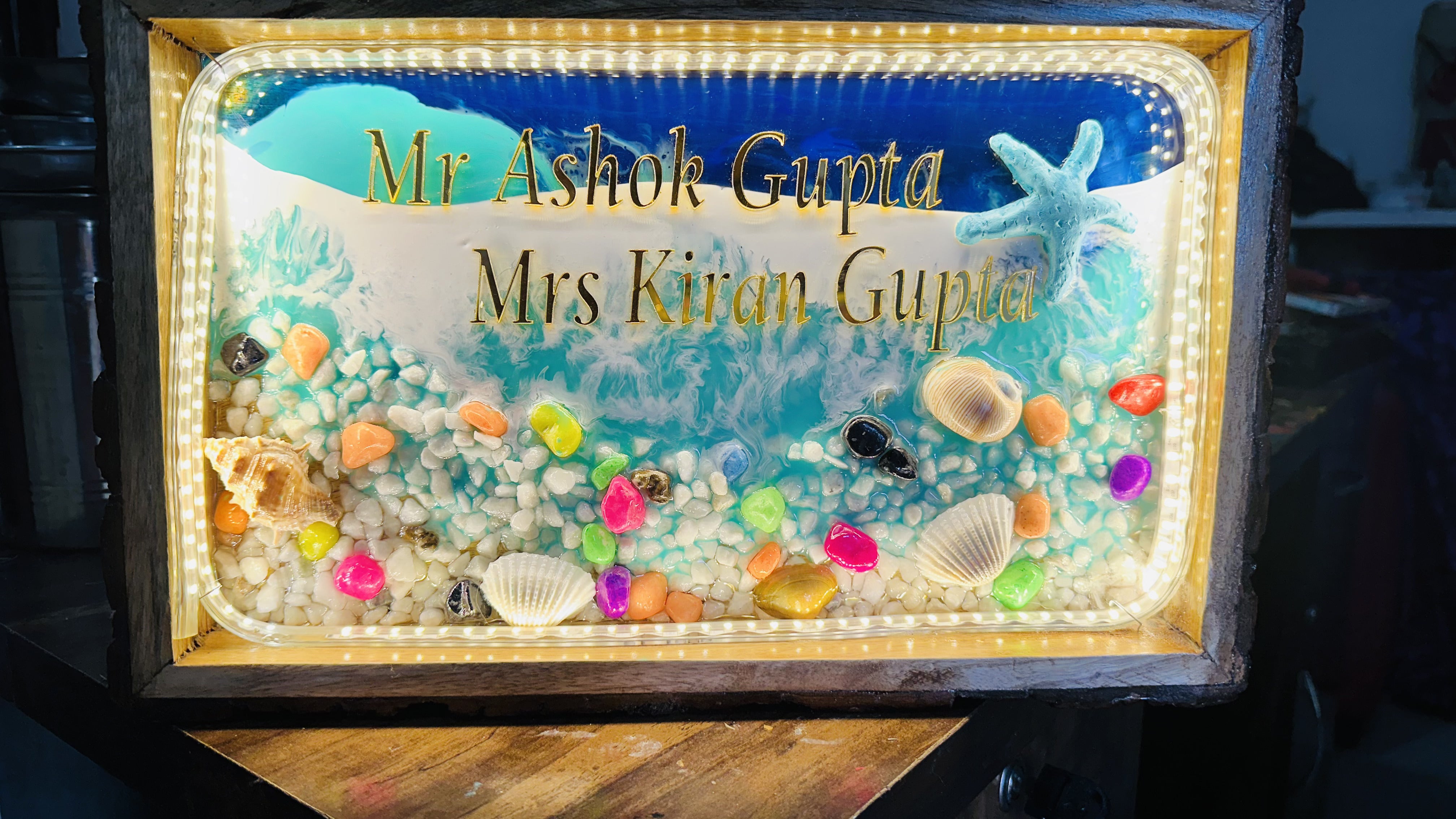 Rocky Beach Resin Name Plates | Ocean Themed House Name Plates on Wooden Tray