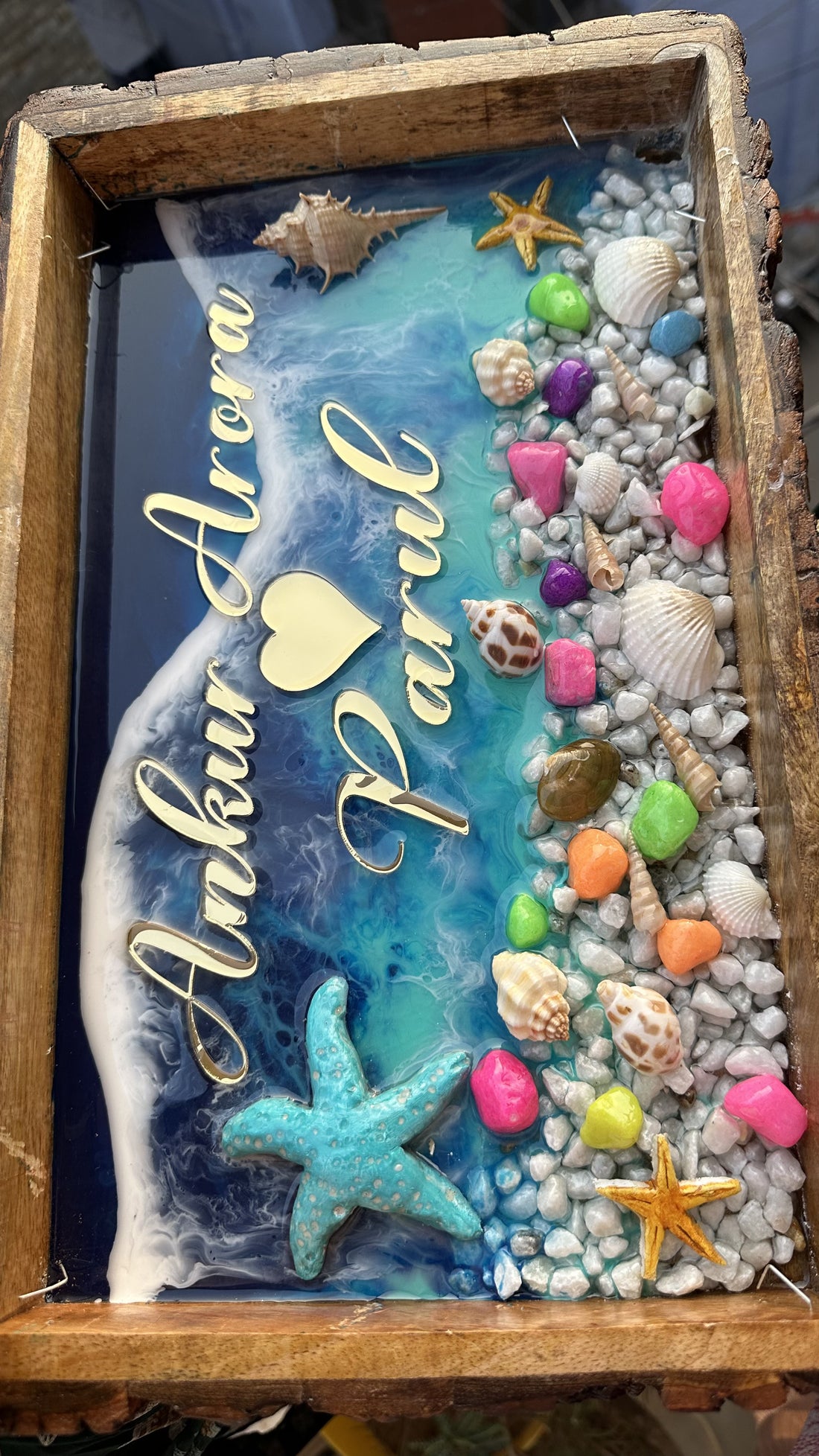 Couple Themed Name Plates  | Ocean Themed Rocky Beach Name Plate on Wooden Tray