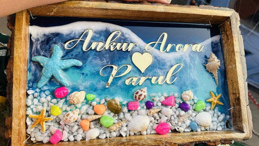 Couple Themed Name Plates  | Ocean Themed Rocky Beach Name Plate on Wooden Tray