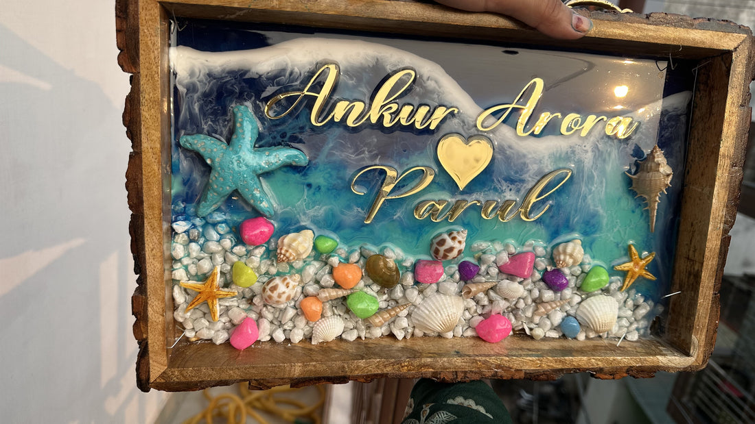 Couple Themed Name Plates  | Ocean Themed Rocky Beach Name Plate on Wooden Tray