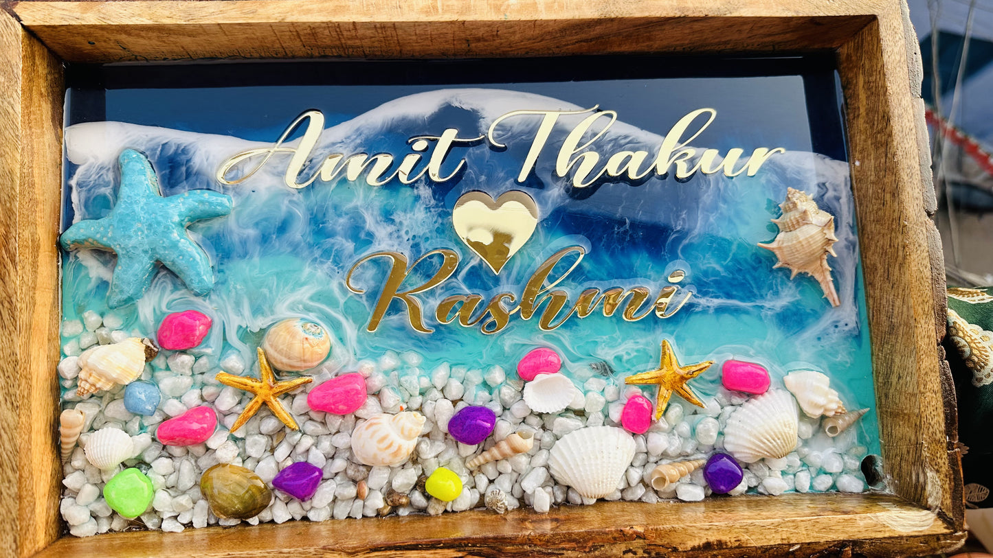 Couple Themed Name Plates  | Ocean Themed Rocky Beach Name Plate on Wooden Tray