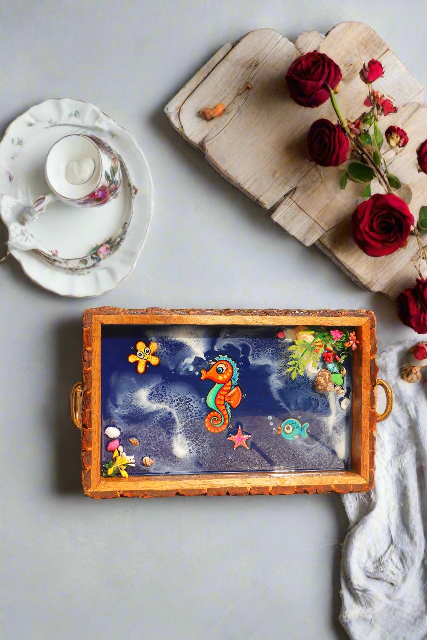 Sea Horse Wooden Rectangle Serving Tray