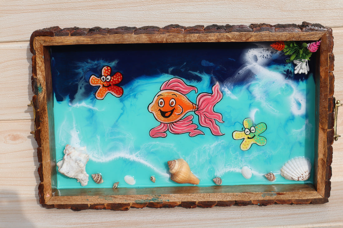 Cheerful Sea Friends Rectangle Ocean Tray | Beach Theme Resin Serving Tray