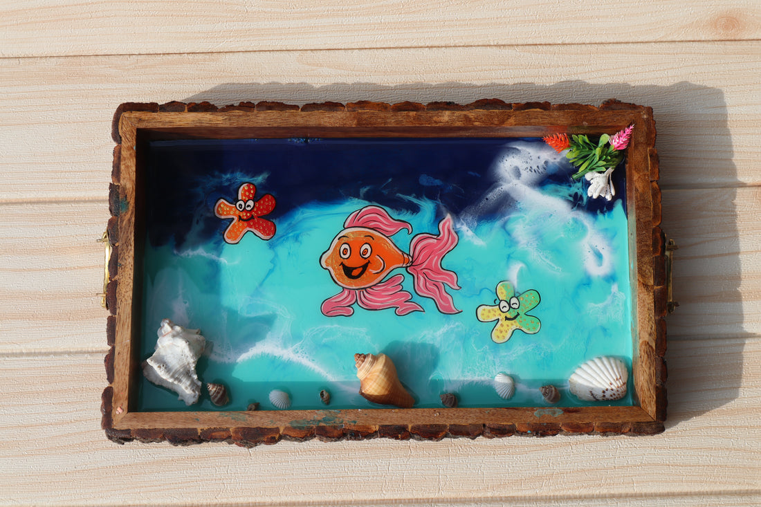 Cheerful Sea Friends Rectangle Ocean Tray | Beach Theme Resin Serving Tray