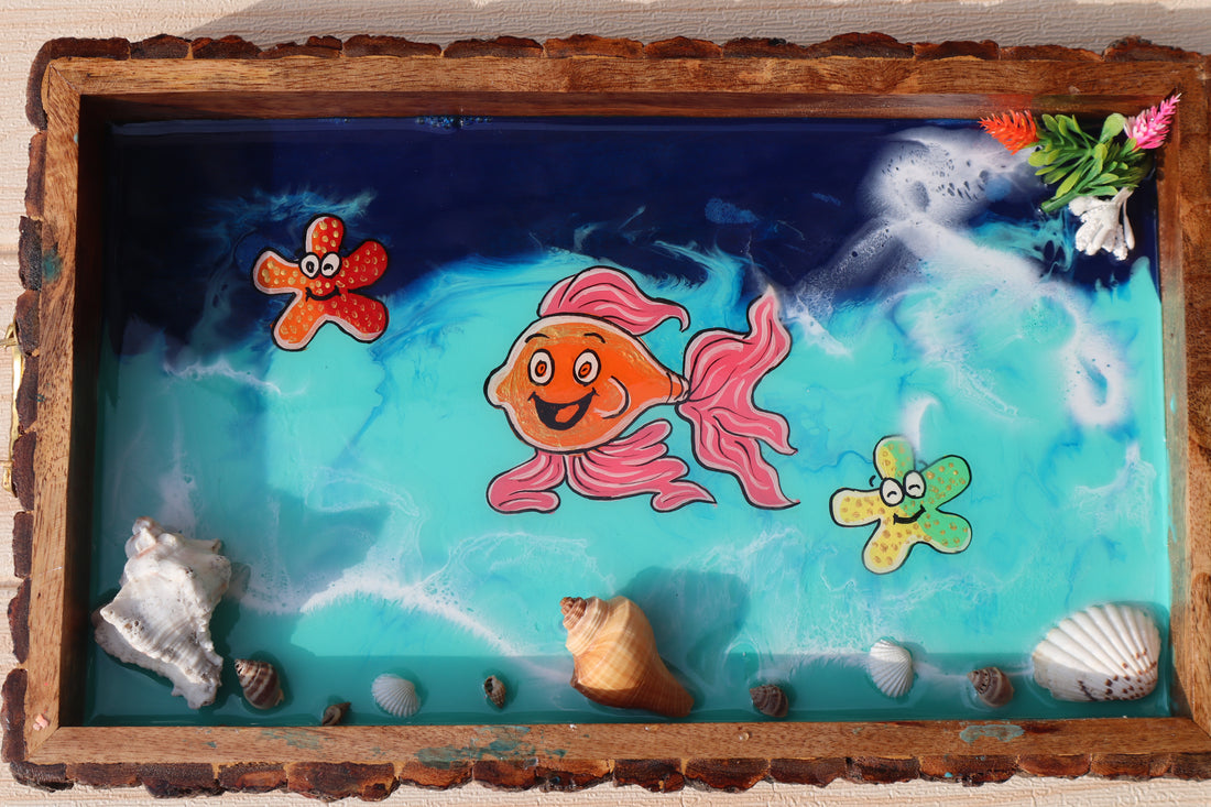 Cheerful Sea Friends Rectangle Ocean Tray | Beach Theme Resin Serving Tray