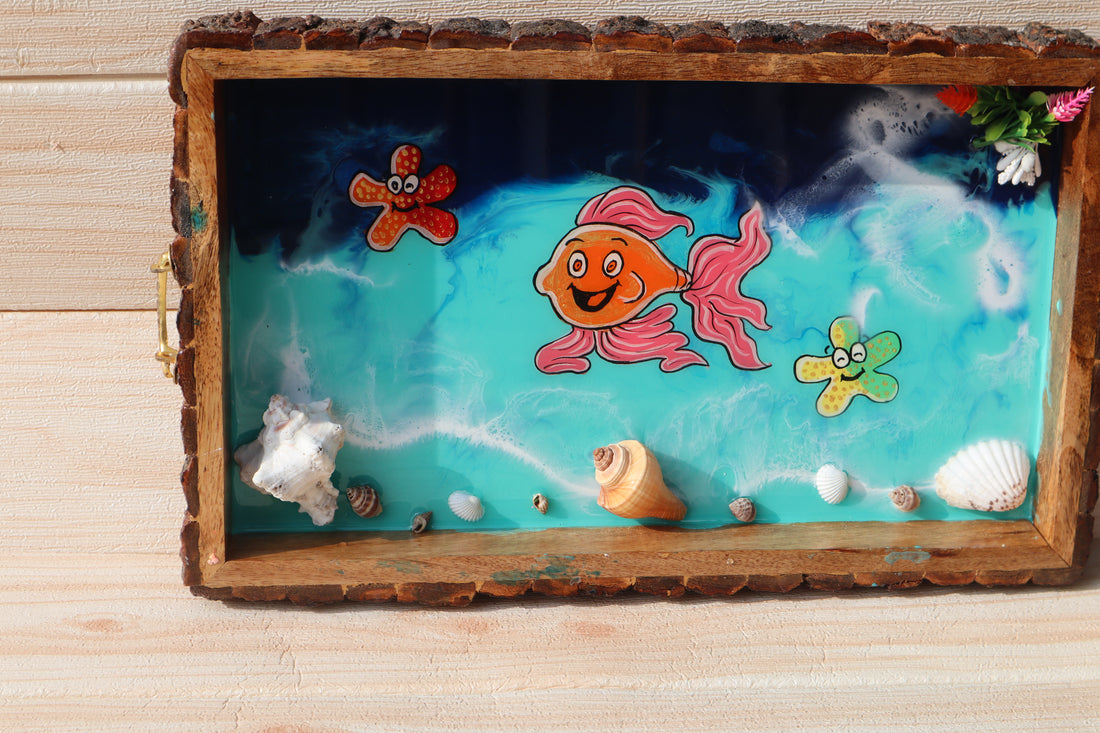 Cheerful Sea Friends Rectangle Ocean Tray | Beach Theme Resin Serving Tray