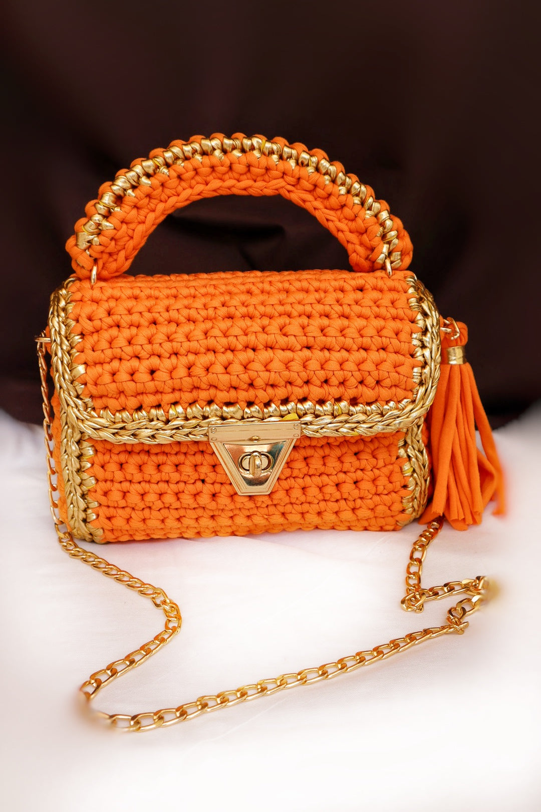 Vibrant Orange and Gold Handcrafted Crochet Bag