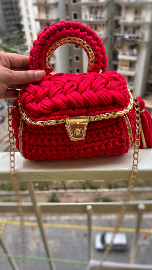 Luxurious Red and Gold Handcrafted Crochet Bag
