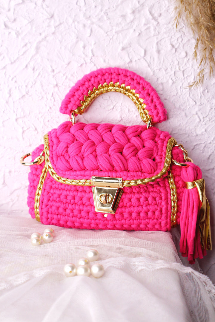 Magical Pink with Gold Accents Handcrafted Crotchet Bag