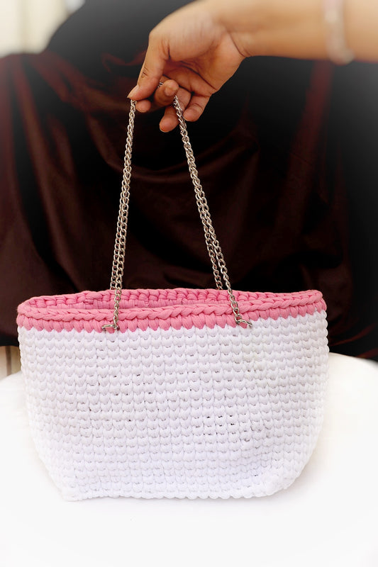 Charming Pink and White Handcrafted Crochet Bag