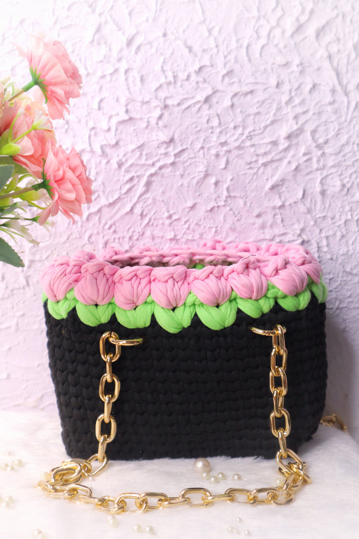 Light Pink Tulips on Black Handmade Crotchet Bag