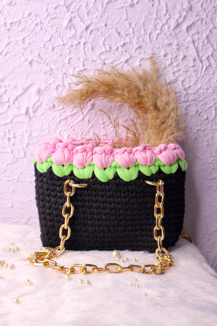 Light Pink Tulips on Black Handmade Crotchet Bag