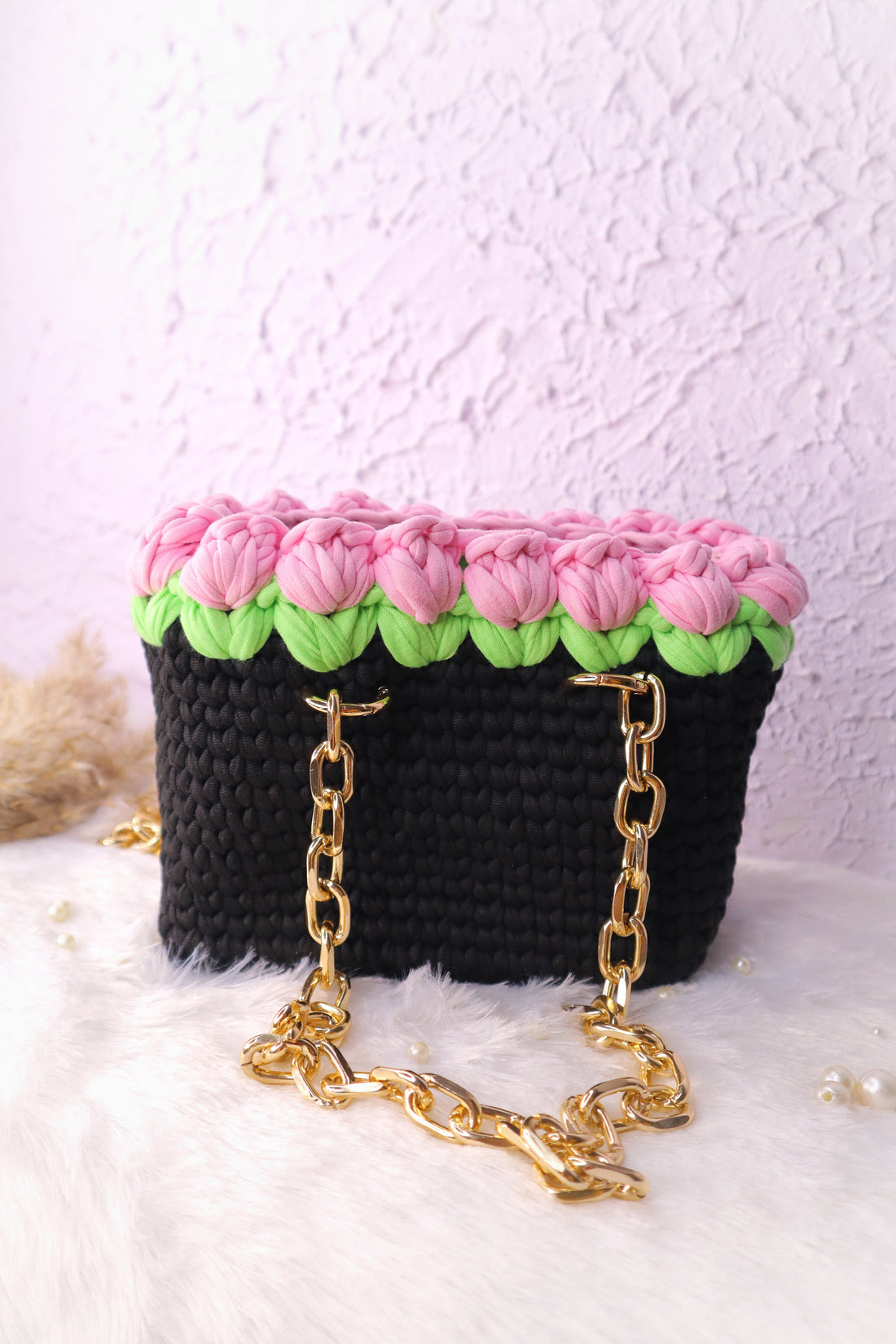 Light Pink Tulips on Black Handmade Crotchet Bag