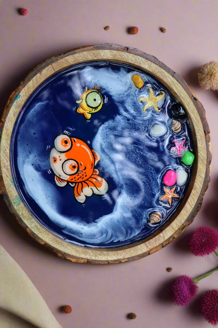 Orange Fish and Coral Reef Resin Circle Serving Tray