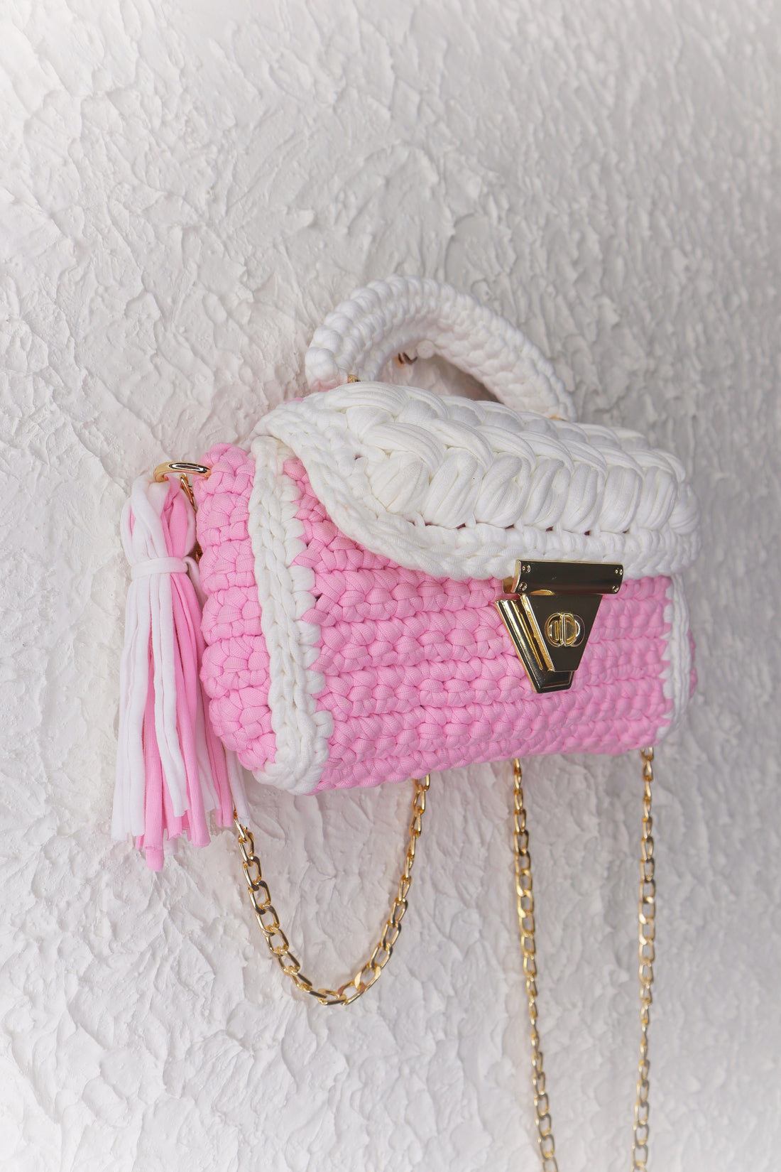 Pastel Pink and White Handcrafted Crotchet Bag