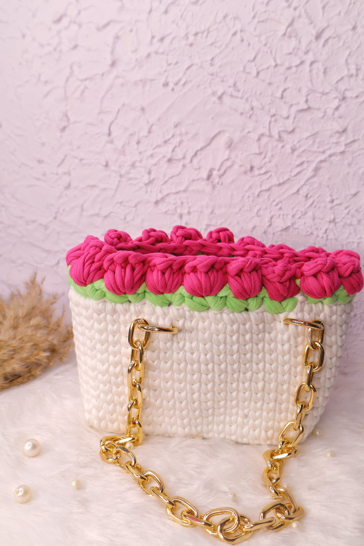 Dark Pink Tulips on White Handmade Crochet Bag